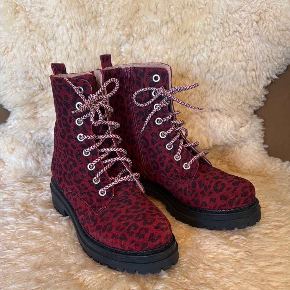 Maeve Leopard Print Leather Lace-Up Combat Boots - Red